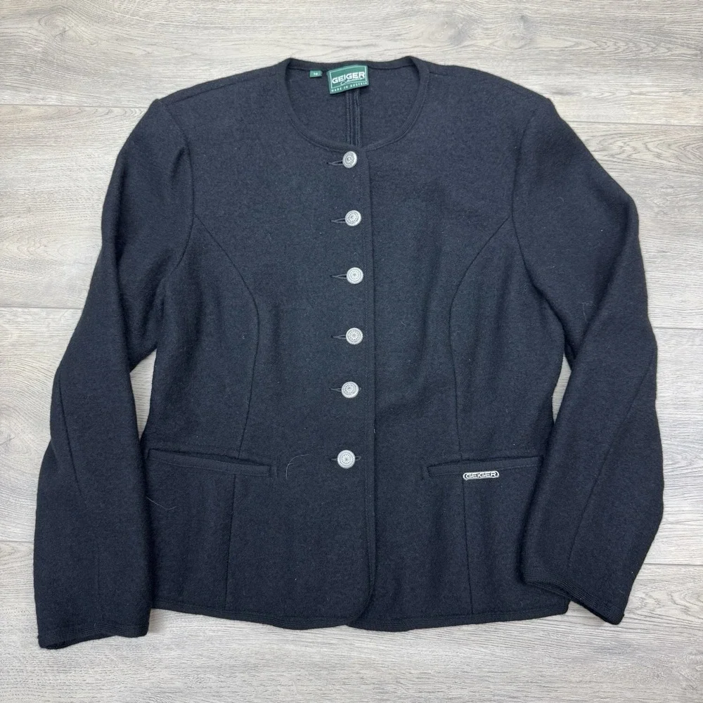 VTG Geiger Austria Black Wool Cardigan‎ Button Up Sz 38 READ Minimal Classy